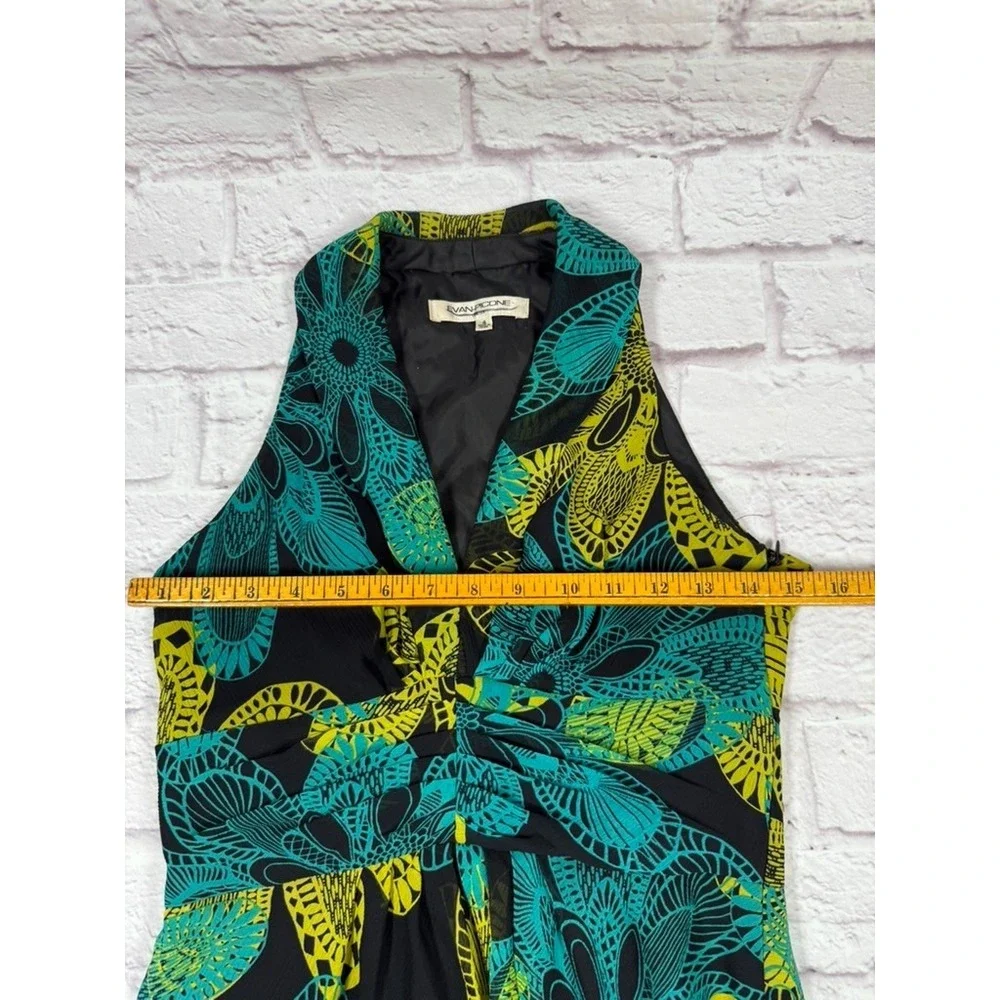 Evan Picone Everyday Art‎ Teal & Yellow Halter Neck Floral Dress Size 4 Side Zip